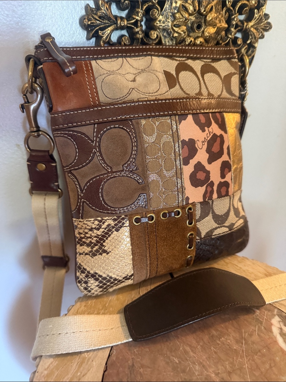 🤎🖤AuthCoach Signature Patchwork Zip Crossbody Bag Brown/Tan Leopard, Adjustable🤎